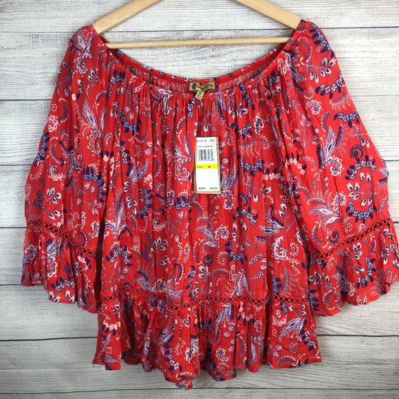 Democracy Tops - Democracy Red Floral Boho Off Shoulder Blouse